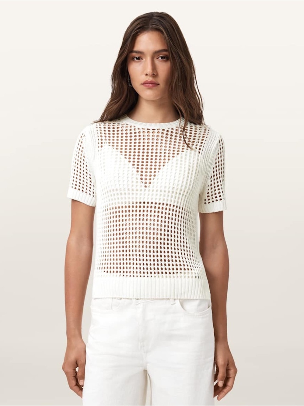 NWT Allsaints Paloma Open Knit T-Shirt Sweater Short Sleeve White XS